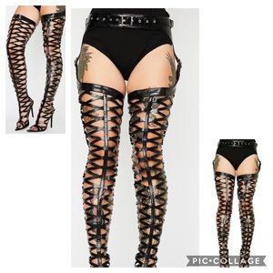 NWB Black Belted Thigh High Stiletto Boots